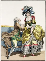 Elegant gentleman som friar till en dam i en klänning i 